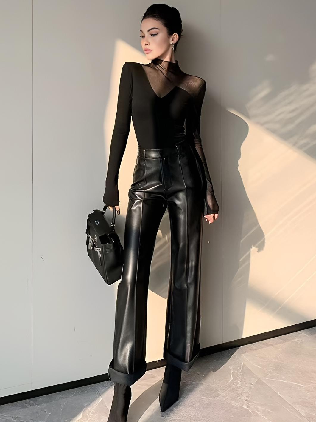 Top in Mesh — Sheer Panel Long Sleeve with Asymmetric Insert and Mock Neck for Evening Style