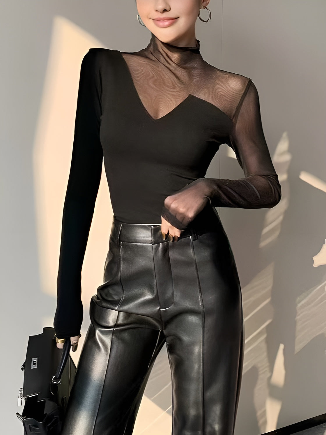 Top in Mesh — Sheer Panel Long Sleeve with Asymmetric Insert and Mock Neck for Evening Style