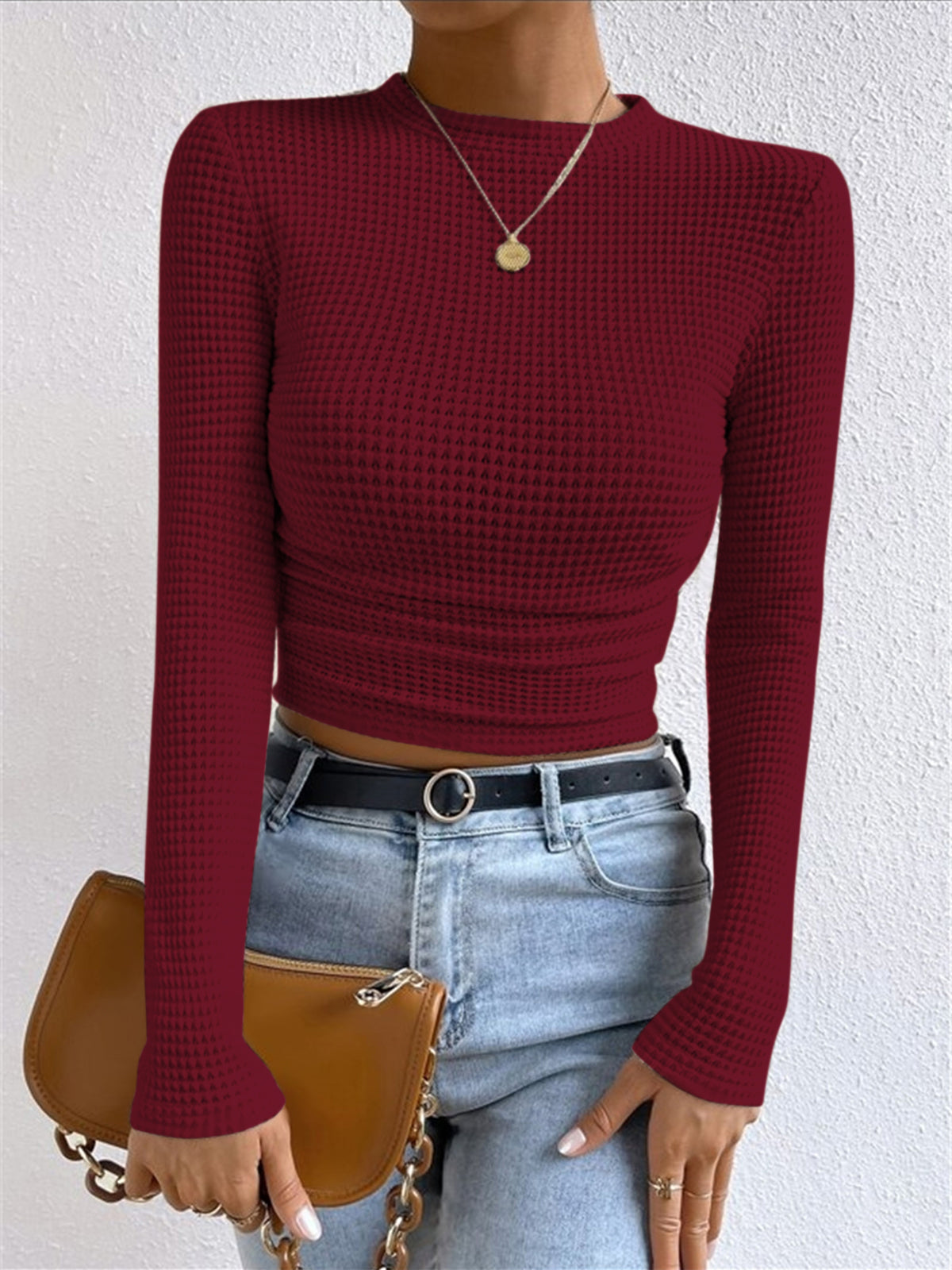 Top in Waffle Knit — Long Sleeve Slim Fit Crop with Ruched Hem for Casual Everyday Style