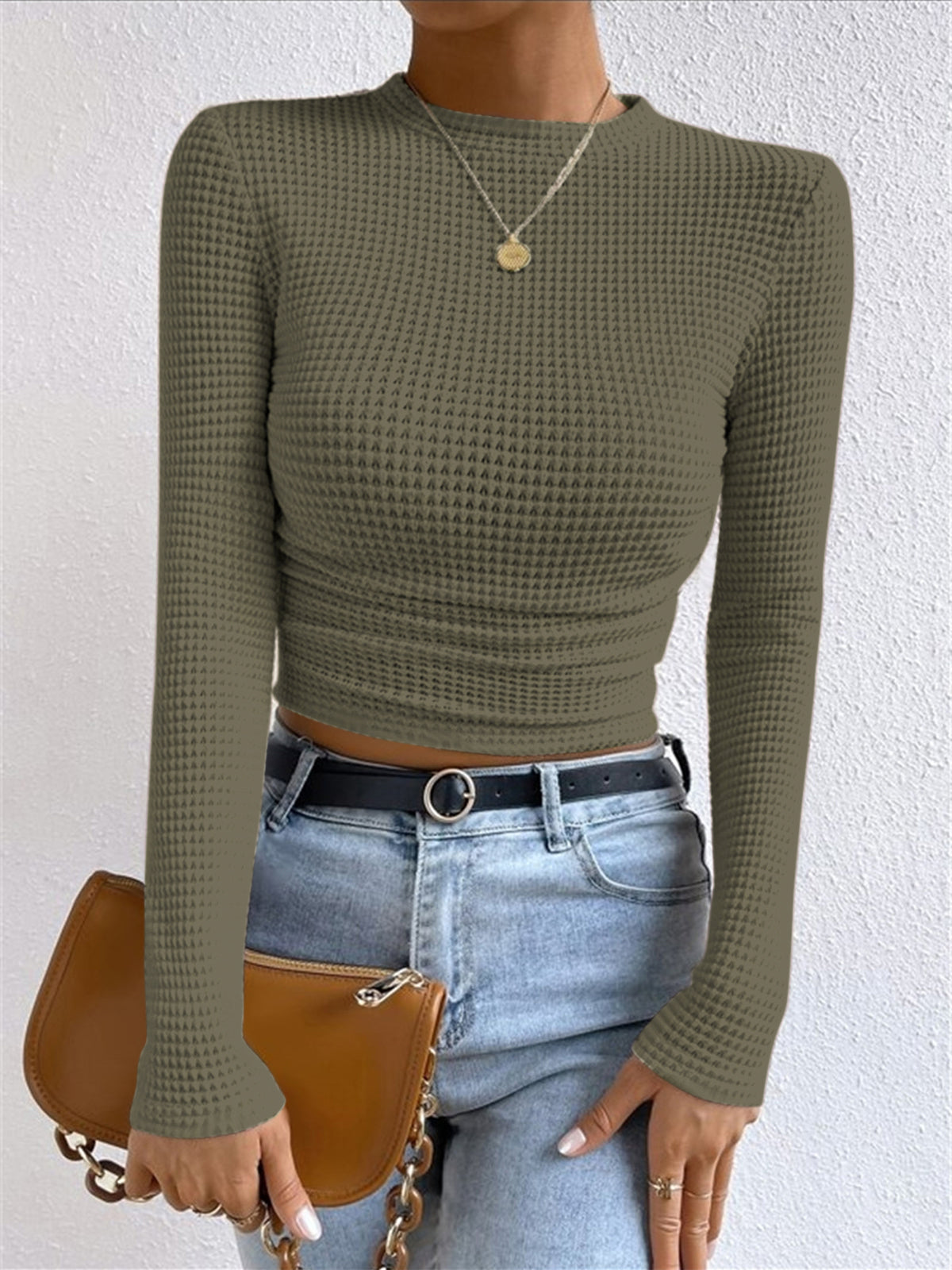 Top in Waffle Knit — Long Sleeve Slim Fit Crop with Ruched Hem for Casual Everyday Style