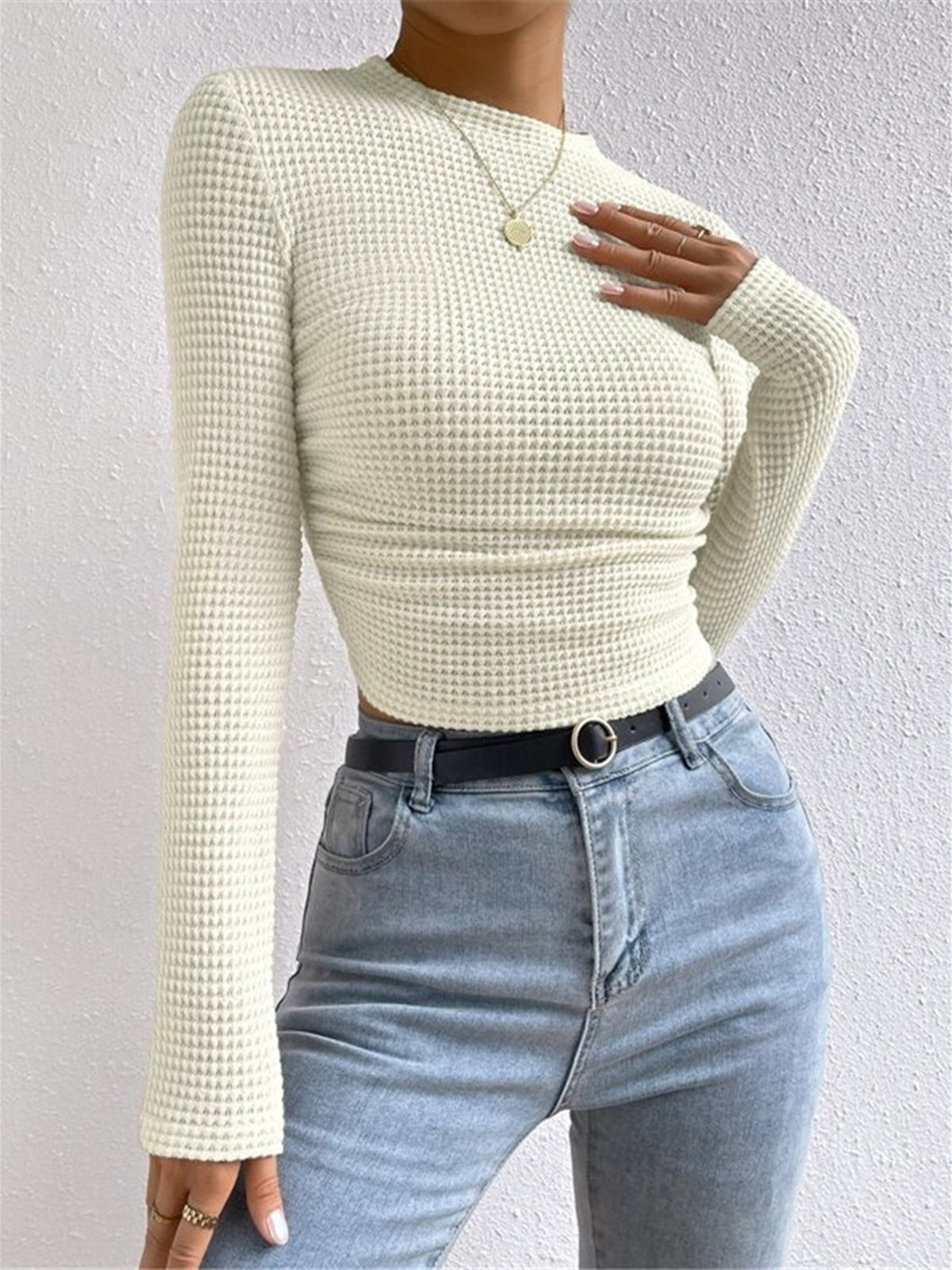 Top in Waffle Knit — Long Sleeve Slim Fit Crop with Ruched Hem for Casual Everyday Style