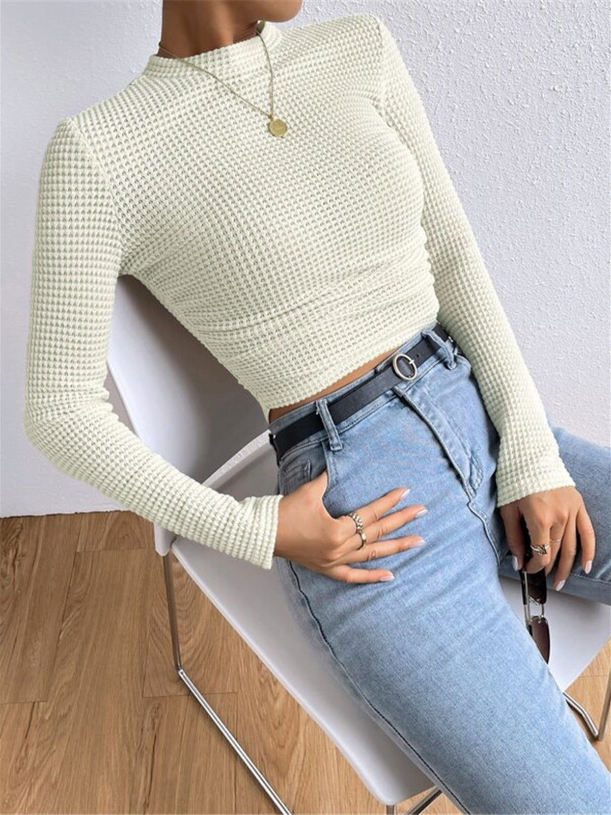 Top in Waffle Knit — Long Sleeve Slim Fit Crop with Ruched Hem for Casual Everyday Style