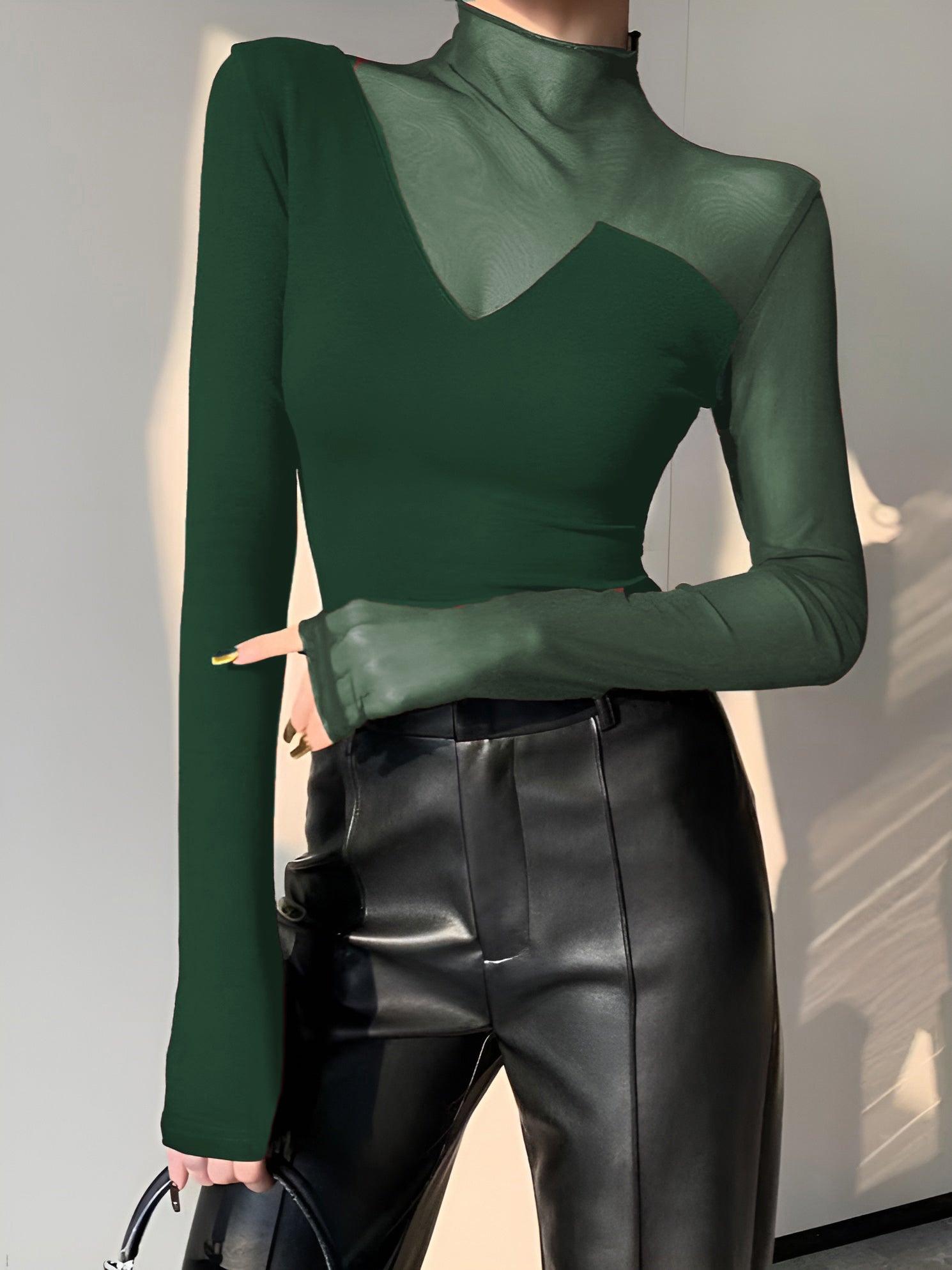 Top in Mesh — Sheer Panel Long Sleeve with Asymmetric Insert and Mock Neck for Evening Style