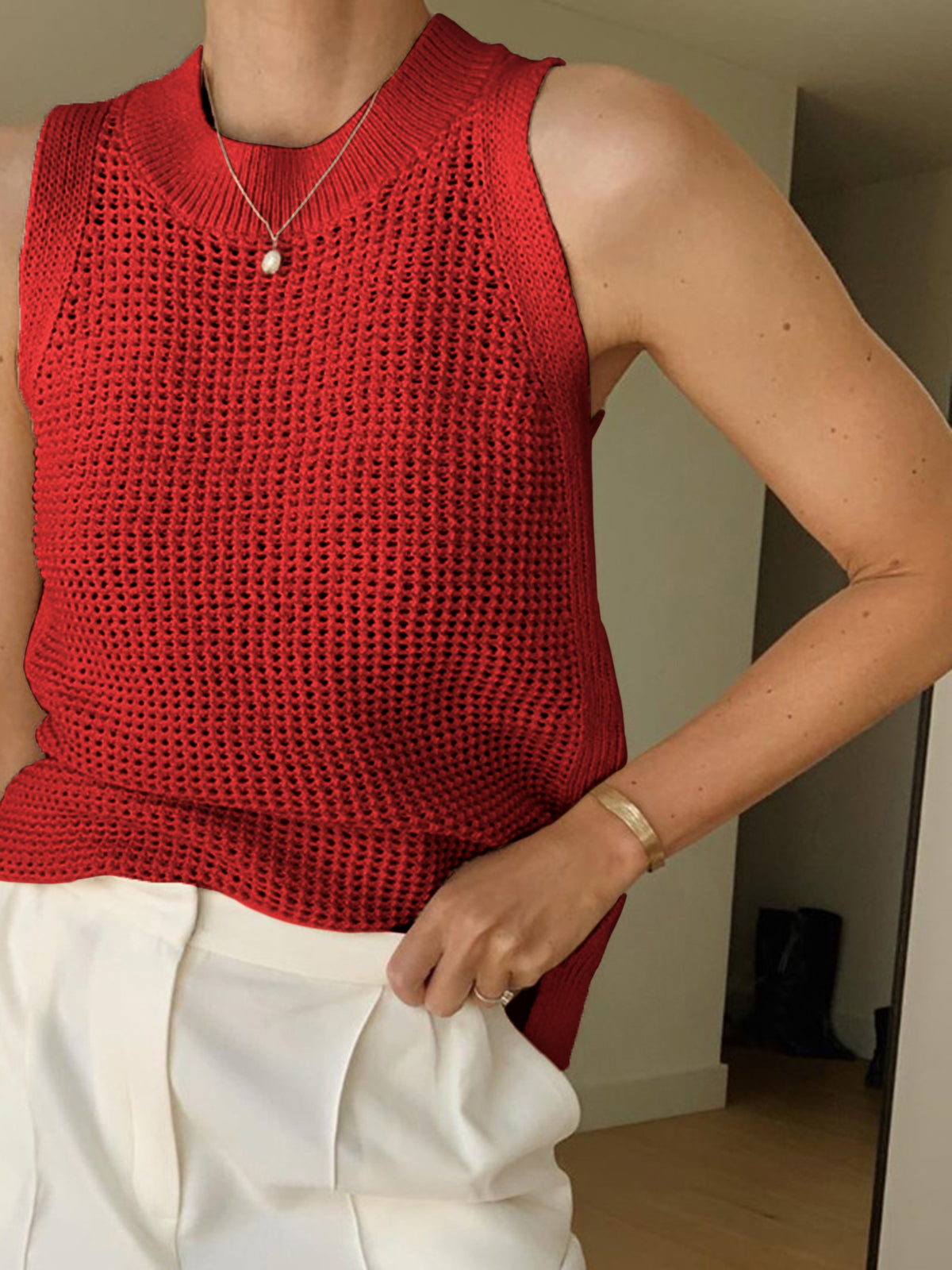 Tank Top in Cotton — Sleeveless Open Knit Crochet with Ribbed Crew Neck for Summer