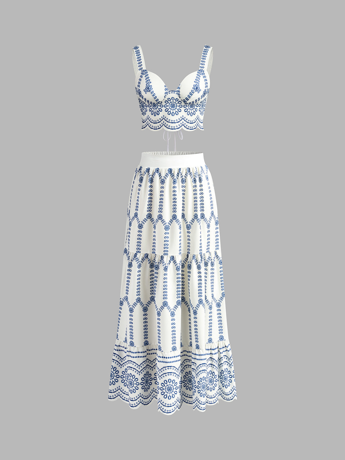 Set in Linen — Embroidered Maxi Skirt and Bustier Crop Top with Floral Detail
