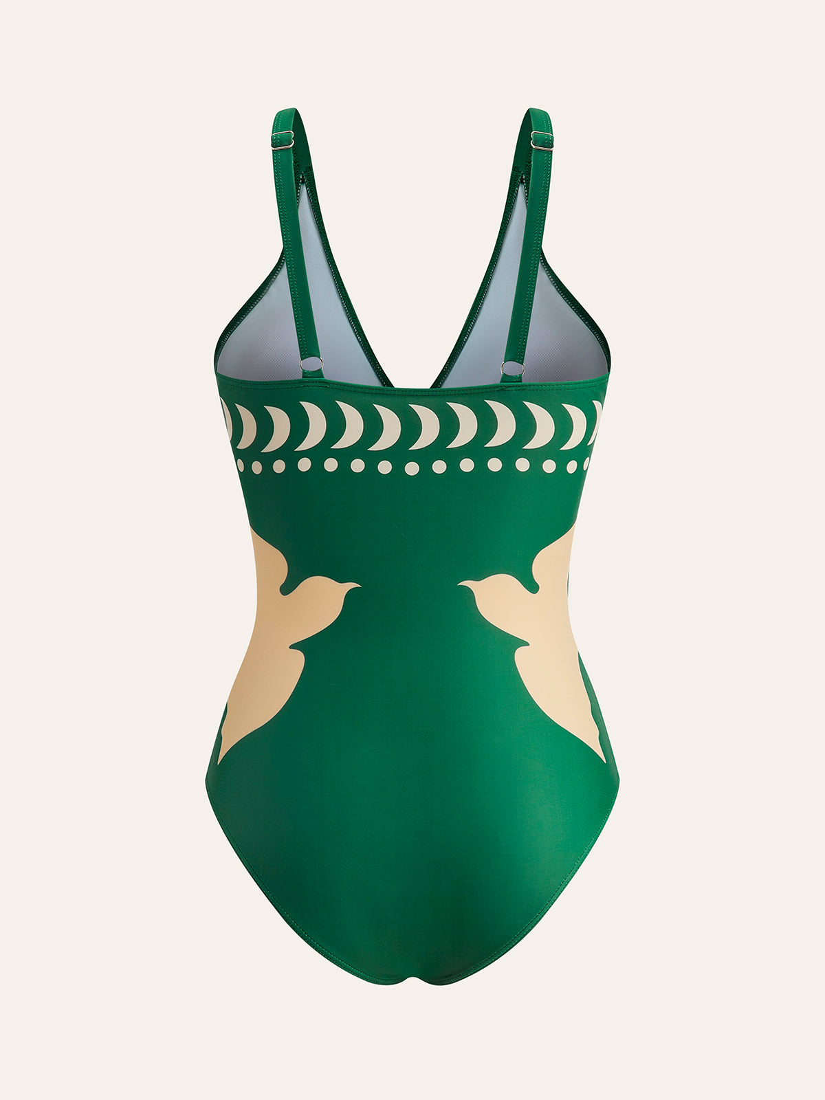One-Piece Swimsuit in Stretch Nylon — Cut-Out Midriff with Abstract Bird and Crescent Moon Print