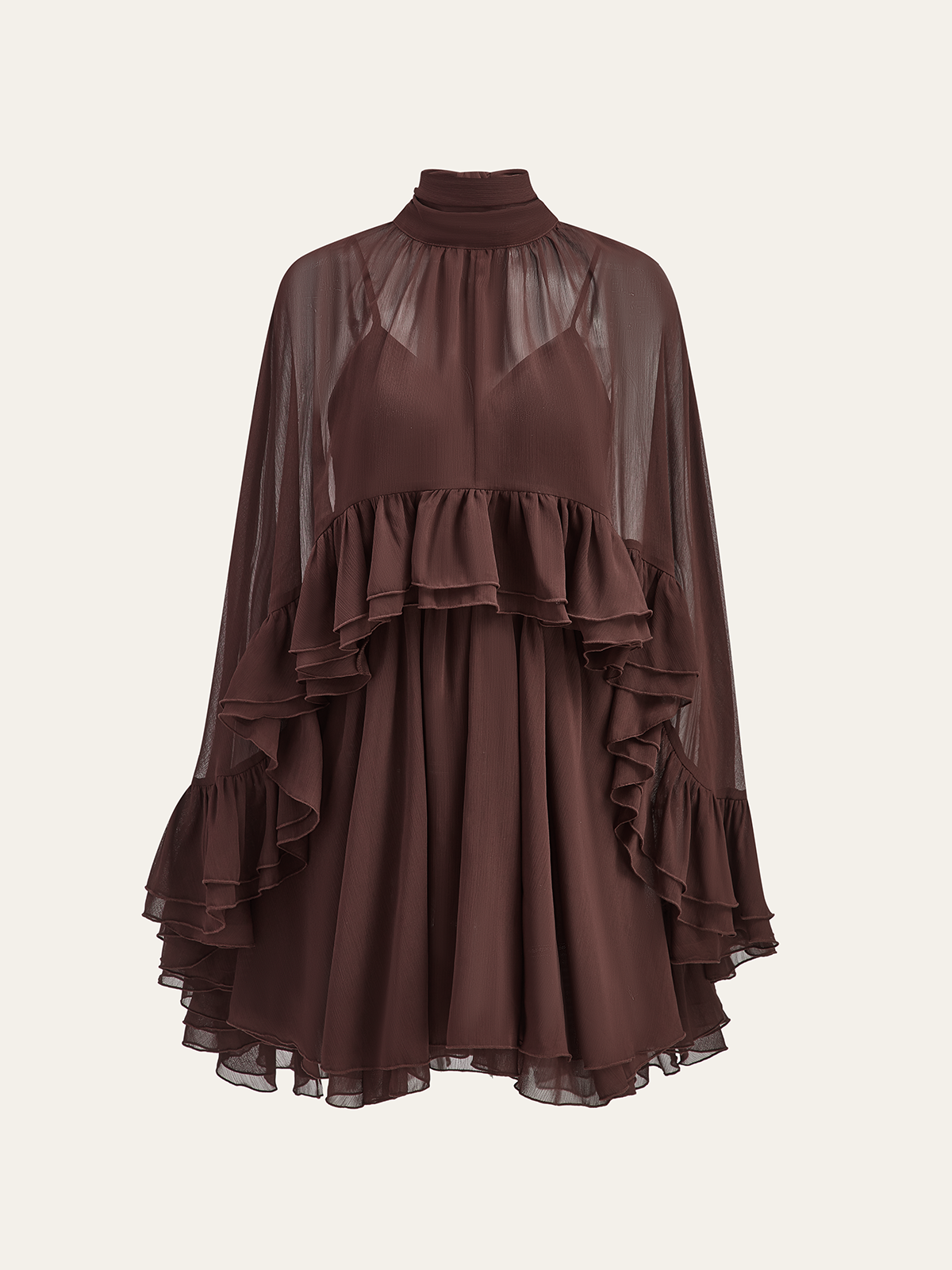 Dress in Chiffon — High Neck Cape Sleeve Mini with Flowy Tiered Ruffles