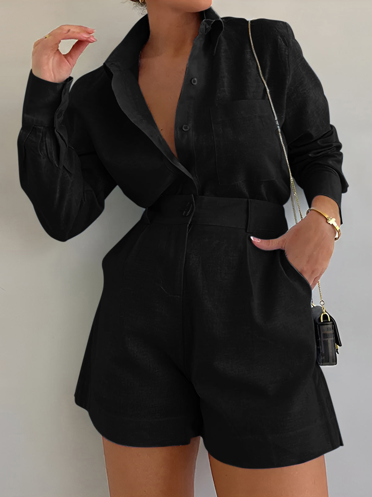 Set in Linen — Long Sleeve Button Shirt with High Waist Belted Shorts for Women
