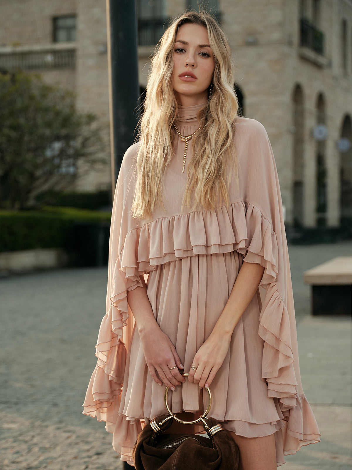 Dress in Chiffon — High Neck Cape Sleeve Mini with Flowy Tiered Ruffles