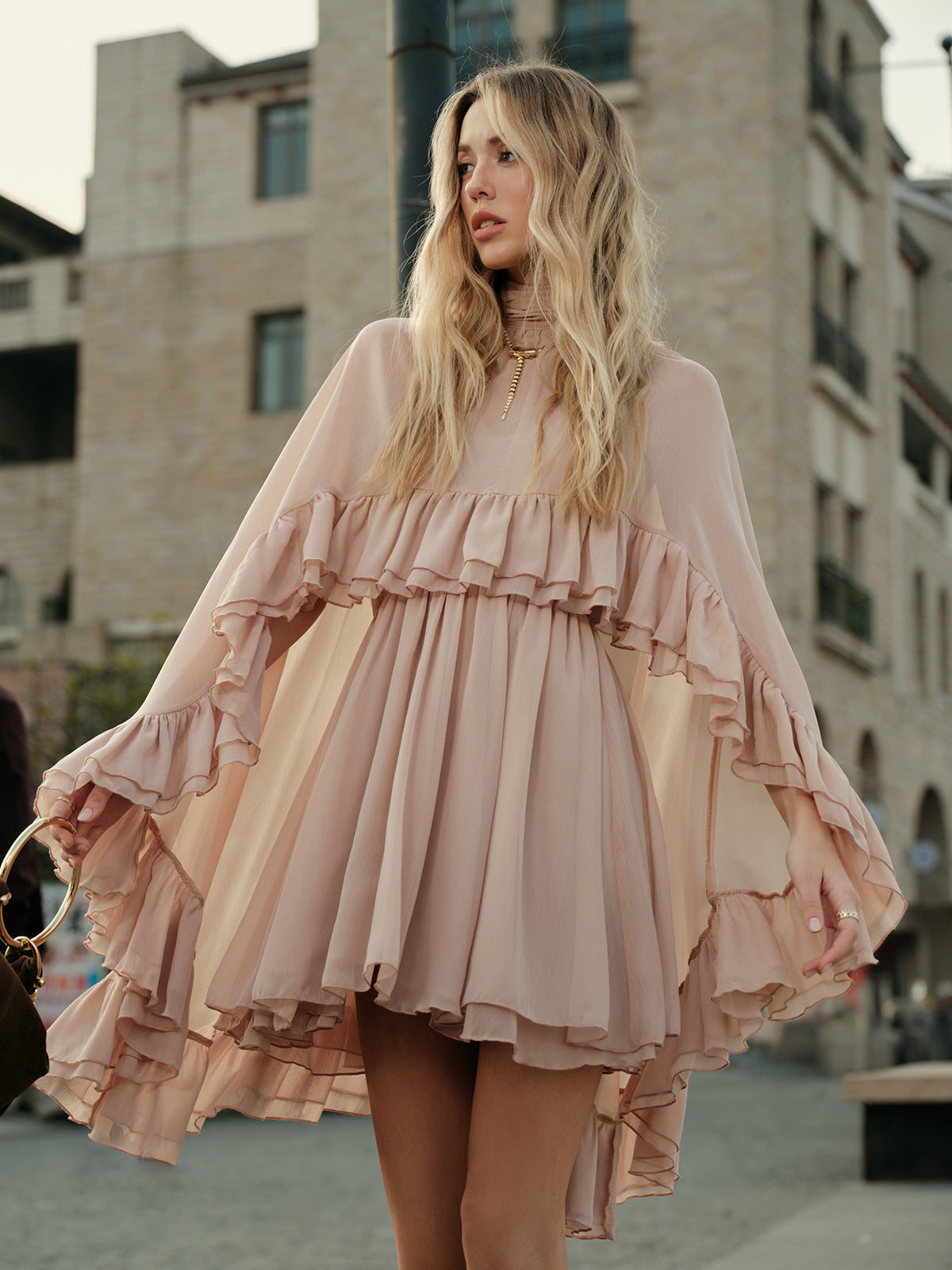 Dress in Chiffon — High Neck Cape Sleeve Mini with Flowy Tiered Ruffles