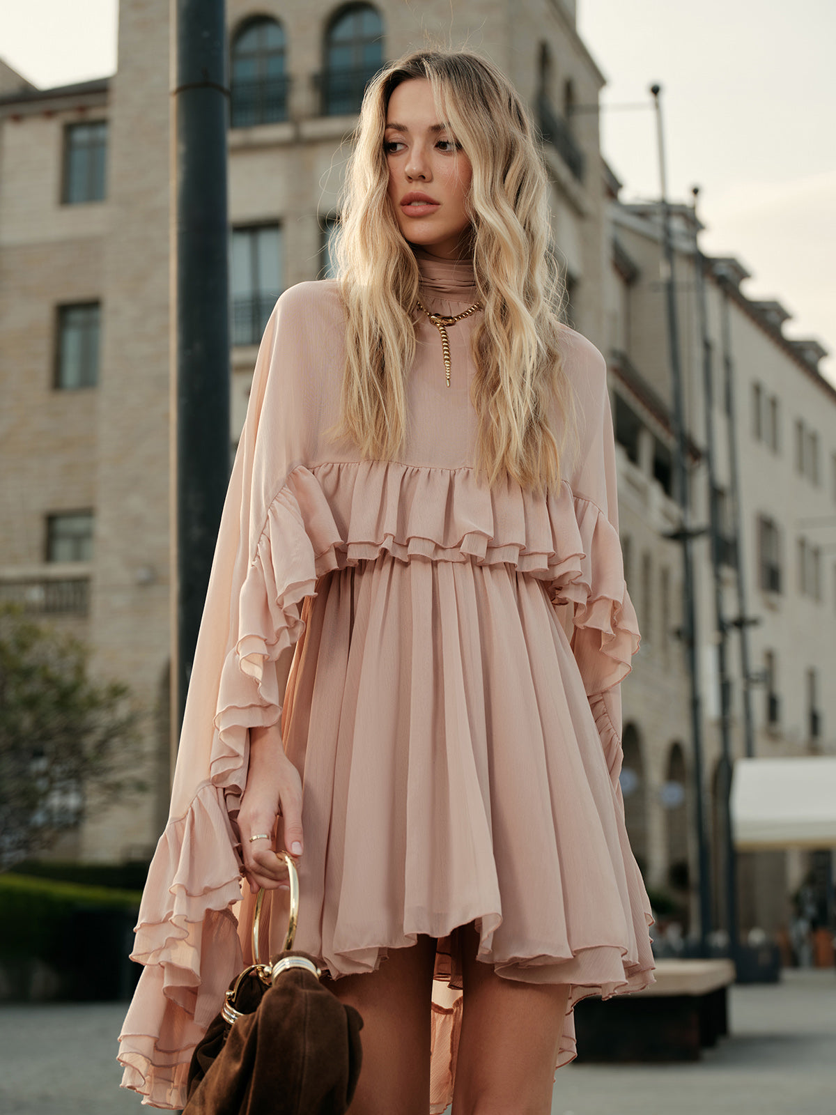 Dress in Chiffon — High Neck Cape Sleeve Mini with Flowy Tiered Ruffles