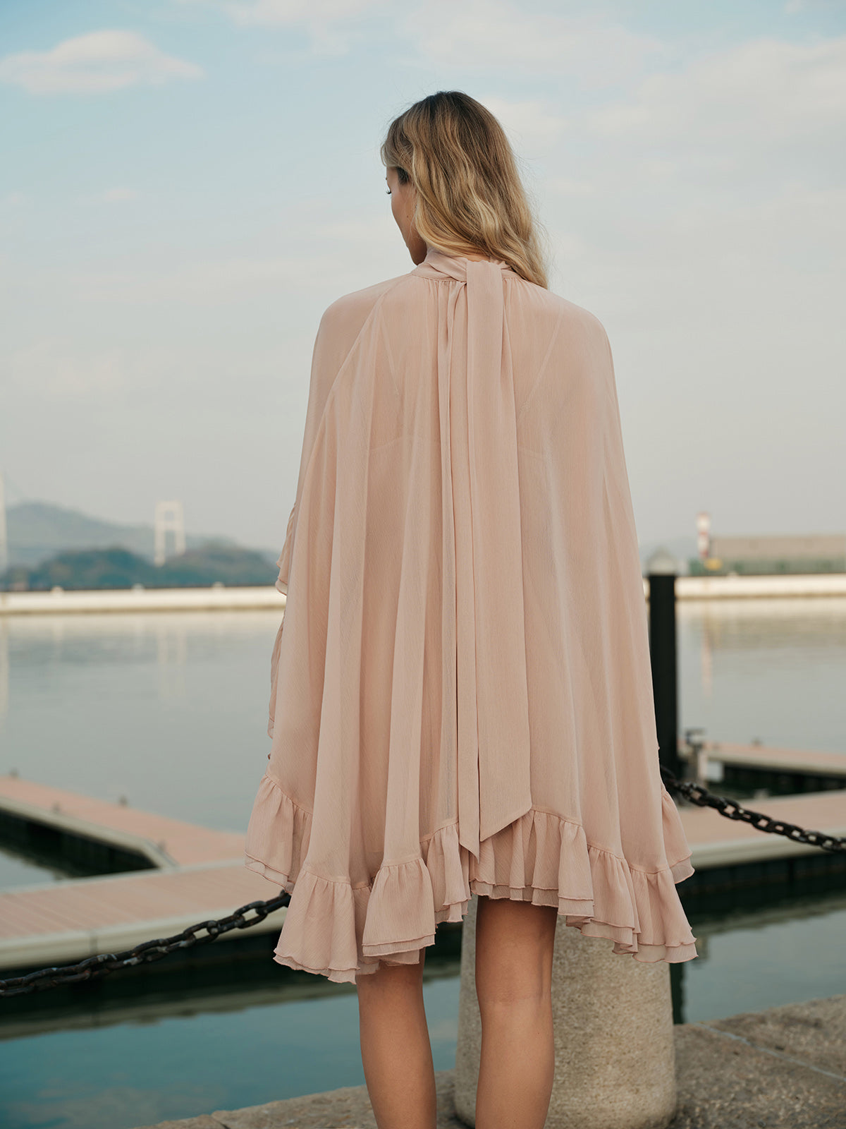 Dress in Chiffon — High Neck Cape Sleeve Mini with Flowy Tiered Ruffles