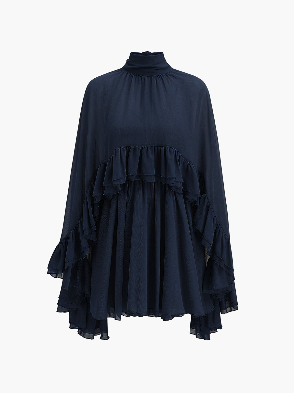 Dress in Chiffon — High Neck Cape Sleeve Mini with Flowy Tiered Ruffles