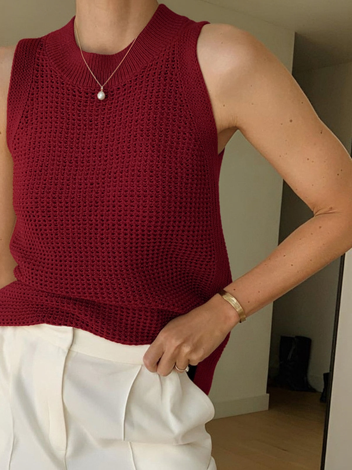 Tank Top in Cotton — Sleeveless Open Knit Crochet with Ribbed Crew Neck for Summer