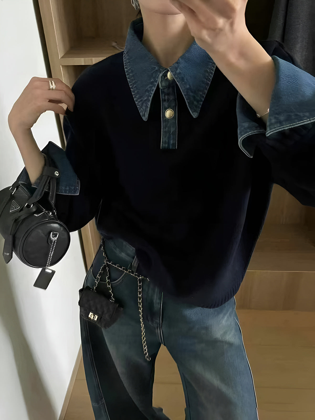 Jumper in Knit — Denim Collar and Cuff Trim with Relaxed Fit for Women