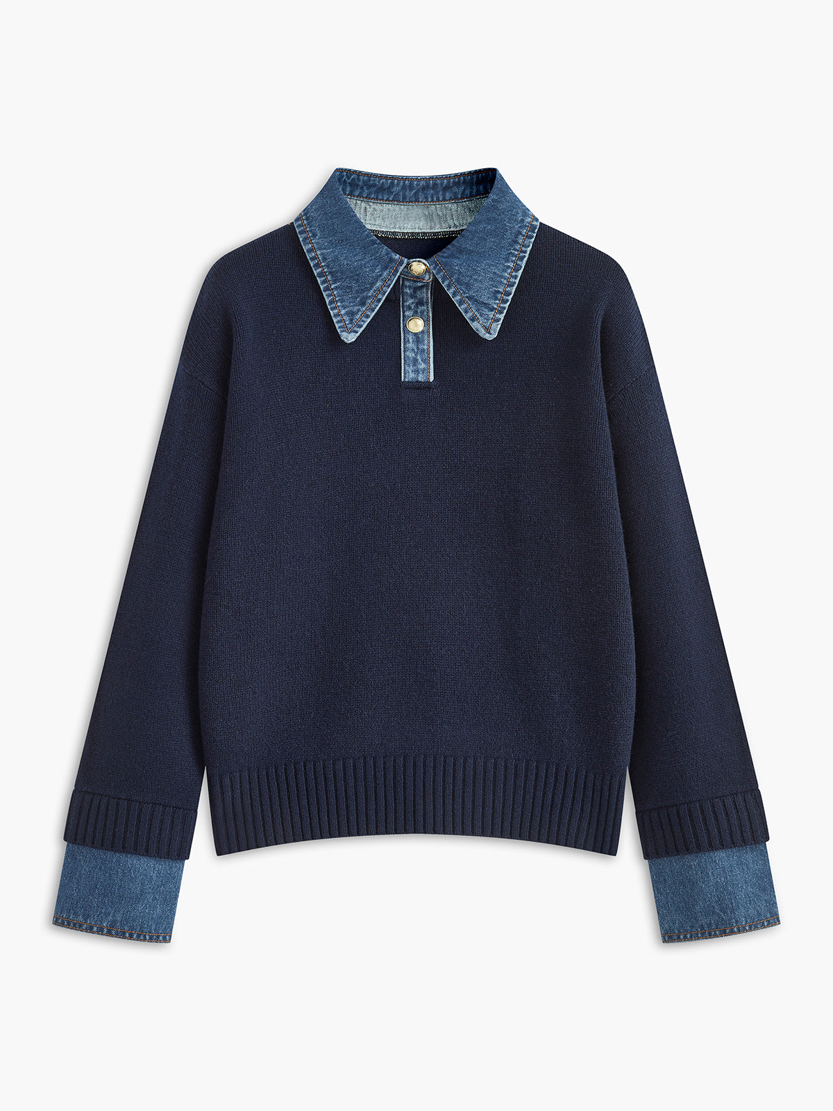 Jumper in Knit — Denim Collar and Cuff Trim with Relaxed Fit for Women