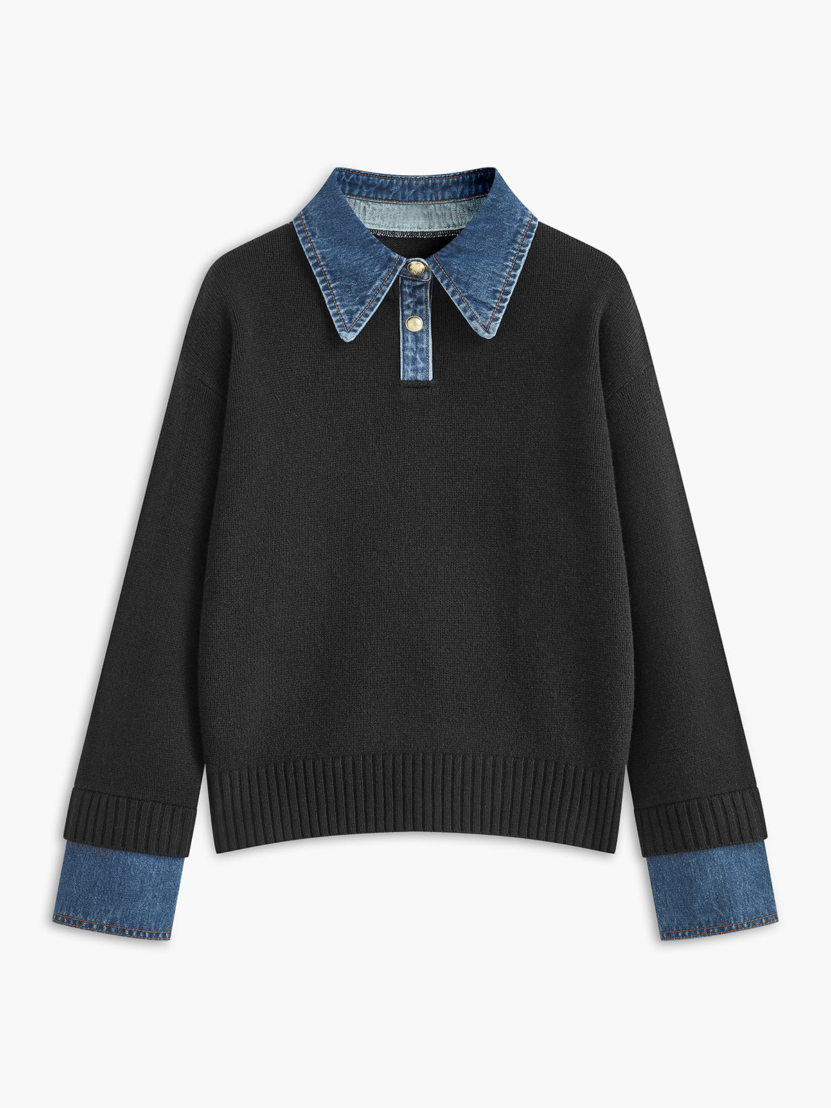 Jumper in Knit — Denim Collar and Cuff Trim with Relaxed Fit for Women