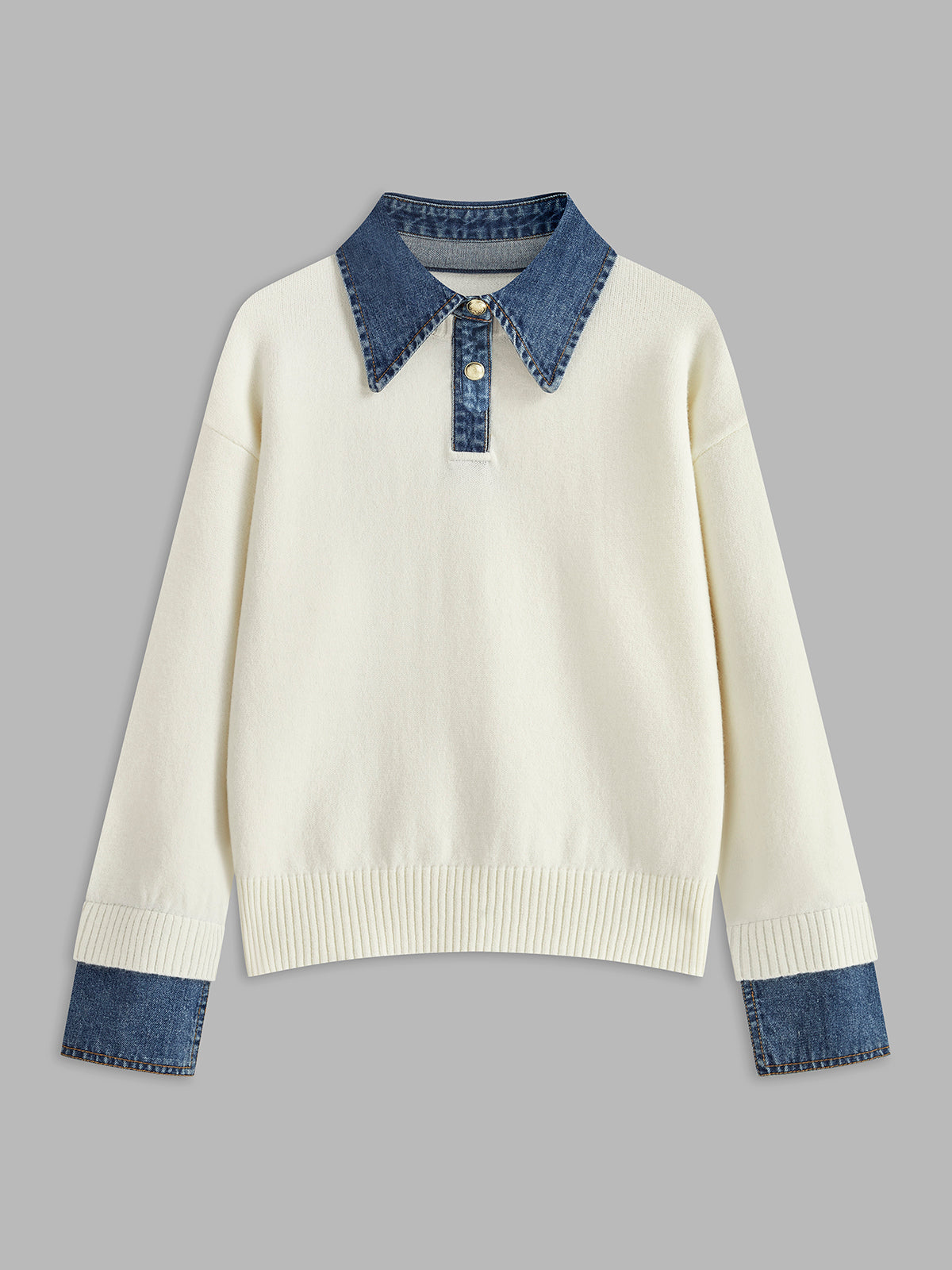Jumper in Knit — Denim Collar and Cuff Trim with Relaxed Fit for Women
