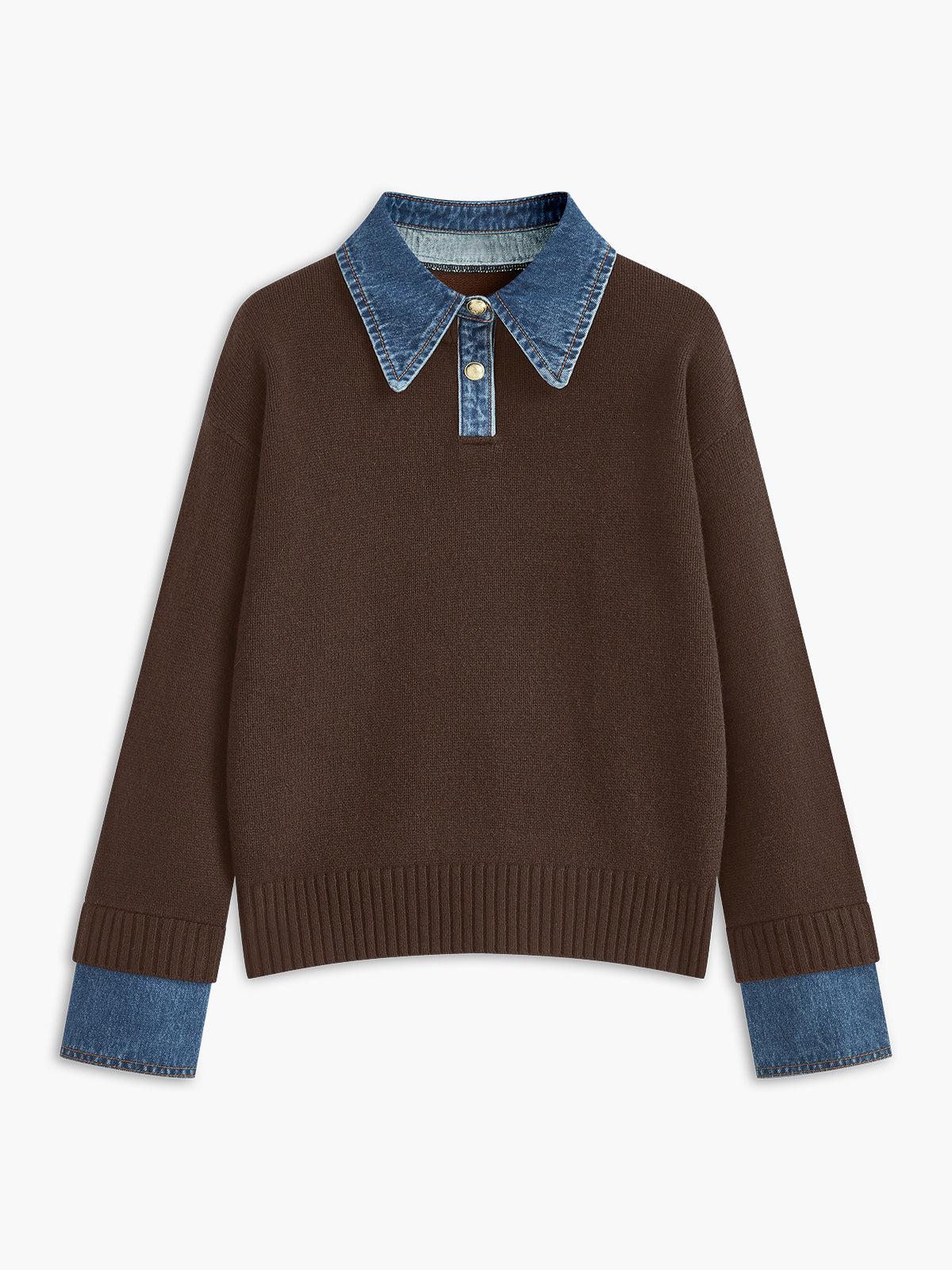 Jumper in Knit — Denim Collar and Cuff Trim with Relaxed Fit for Women