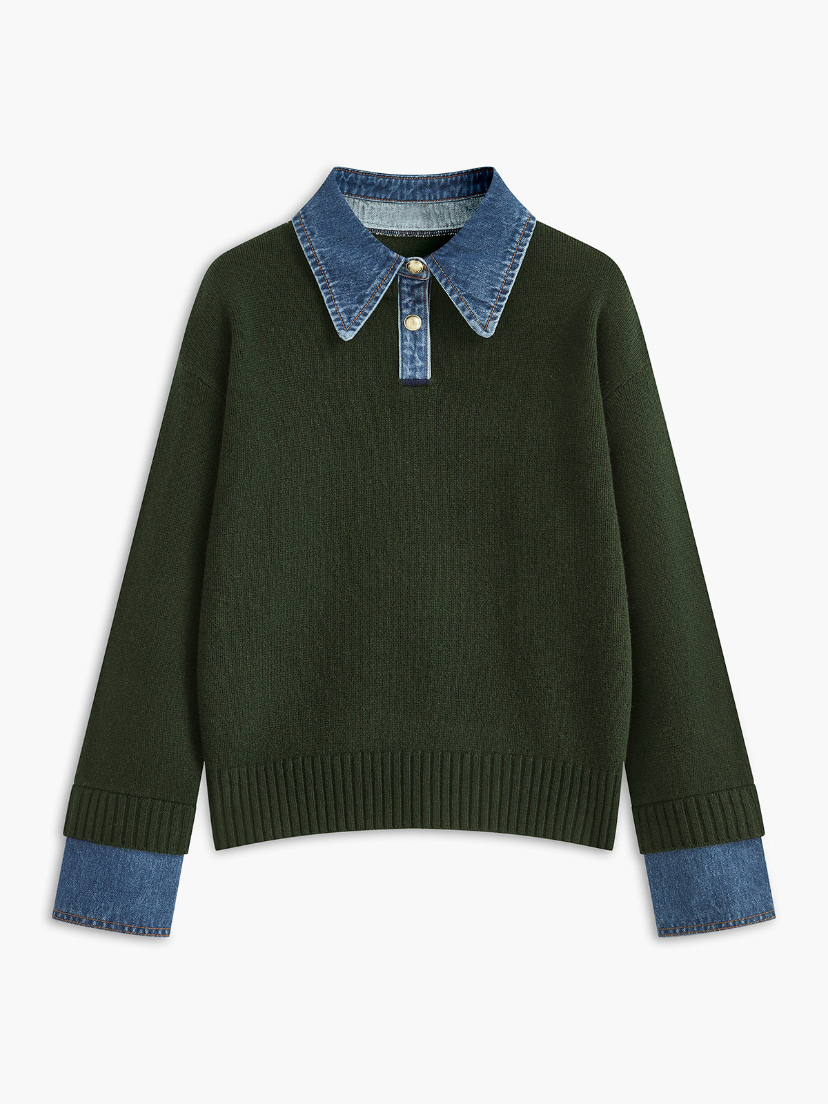 Jumper in Knit — Denim Collar and Cuff Trim with Relaxed Fit for Women