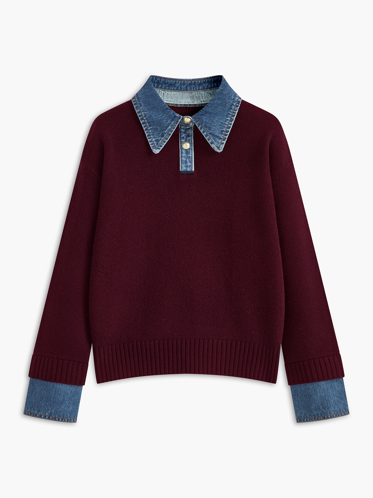 Jumper in Knit — Denim Collar and Cuff Trim with Relaxed Fit for Women