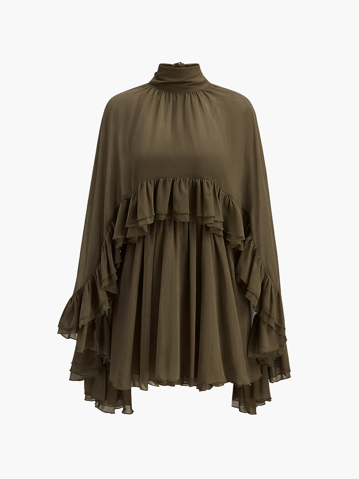 Dress in Chiffon — High Neck Cape Sleeve Mini with Flowy Tiered Ruffles