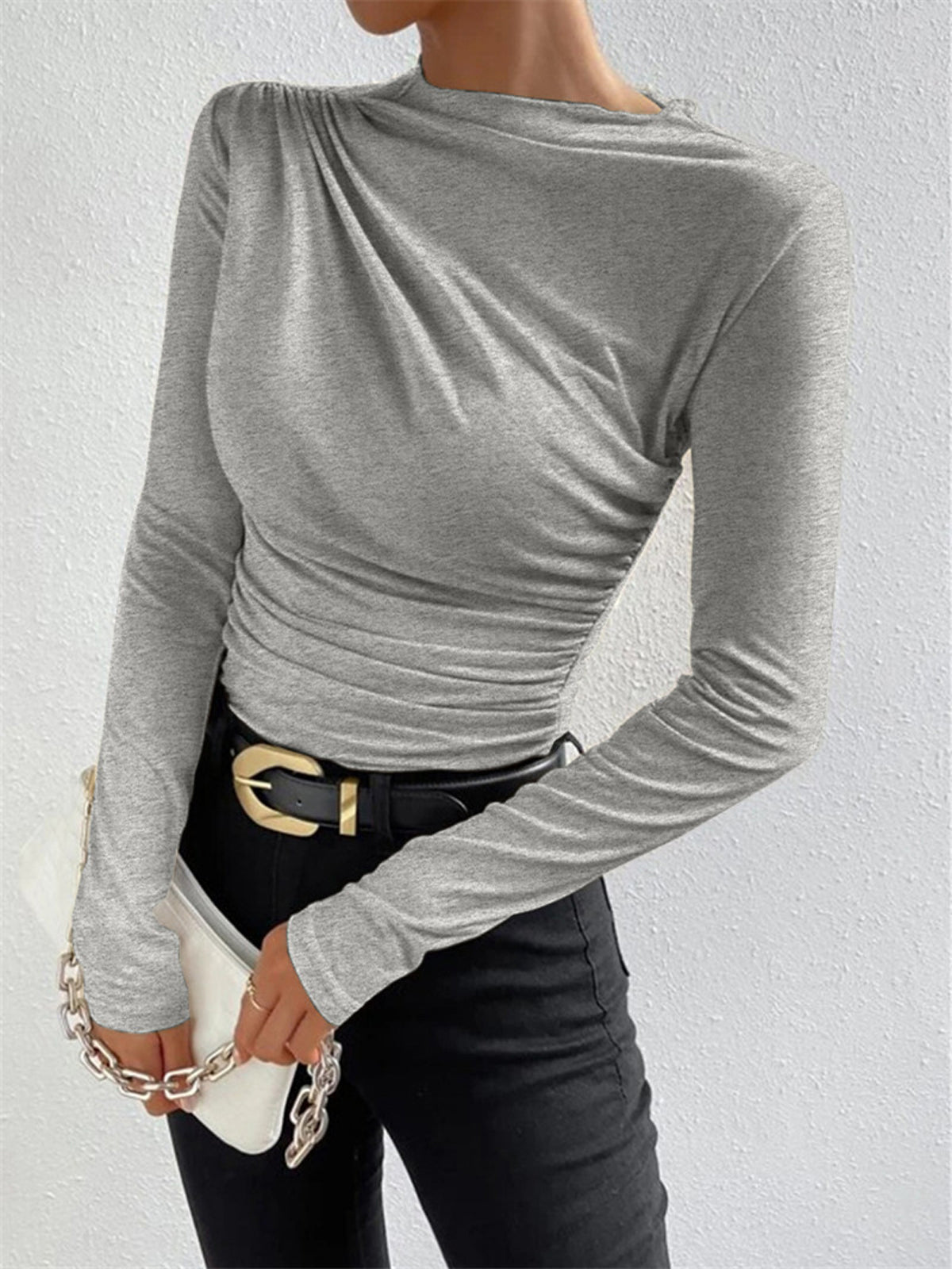 Top in Viscose — Asymmetric Draped Neckline with Ruched Side for Fitted Bodycon Style