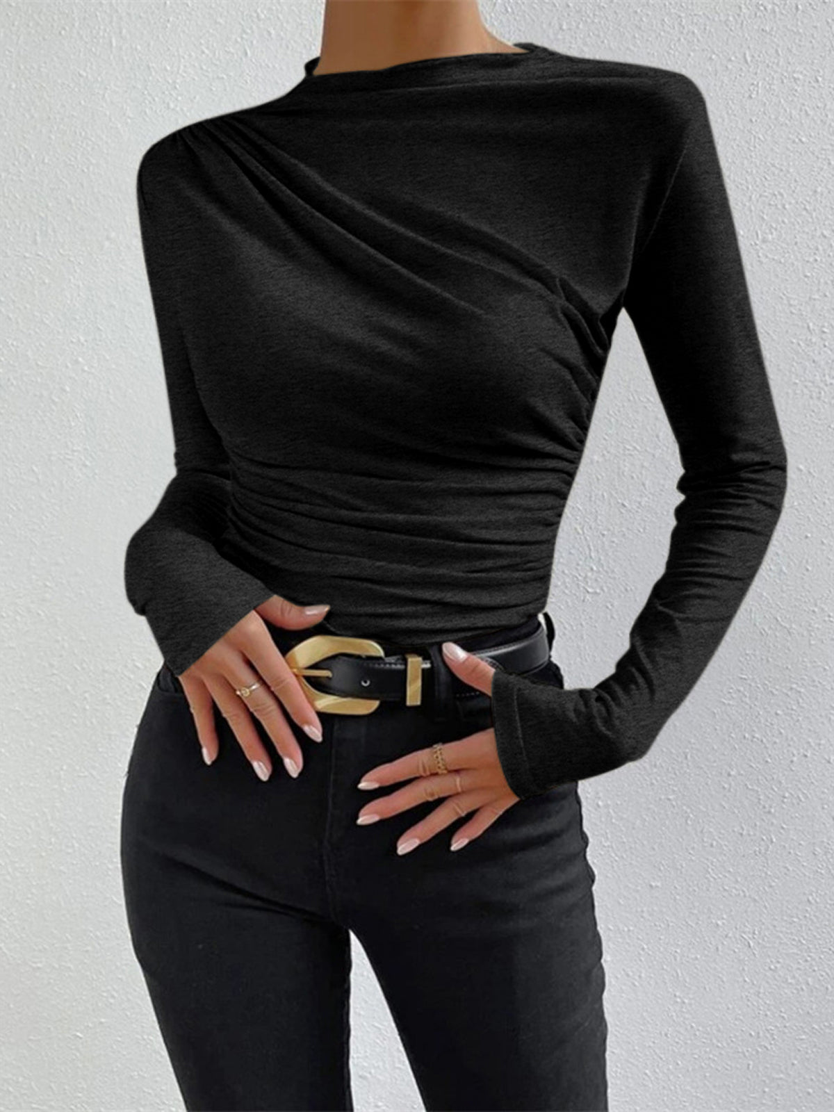 Top in Viscose — Asymmetric Draped Neckline with Ruched Side for Fitted Bodycon Style
