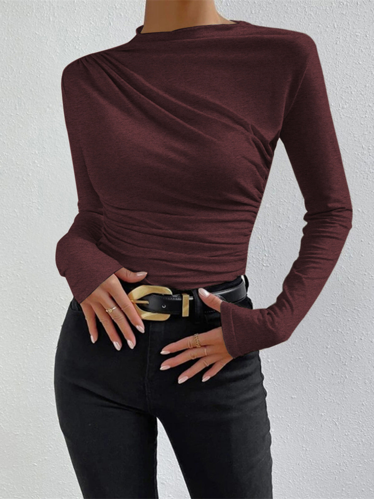 Top in Viscose — Asymmetric Draped Neckline with Ruched Side for Fitted Bodycon Style
