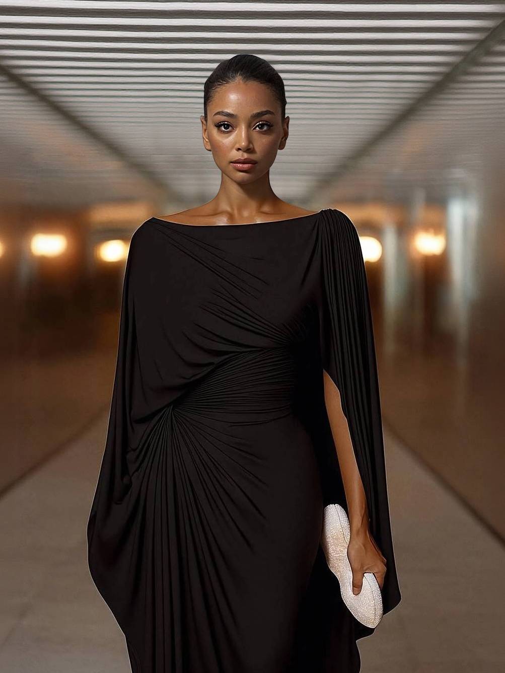Dress in Chiffon — Cape Sleeve Maxi with Boat Neck and Ruched Waist for Formal Events
