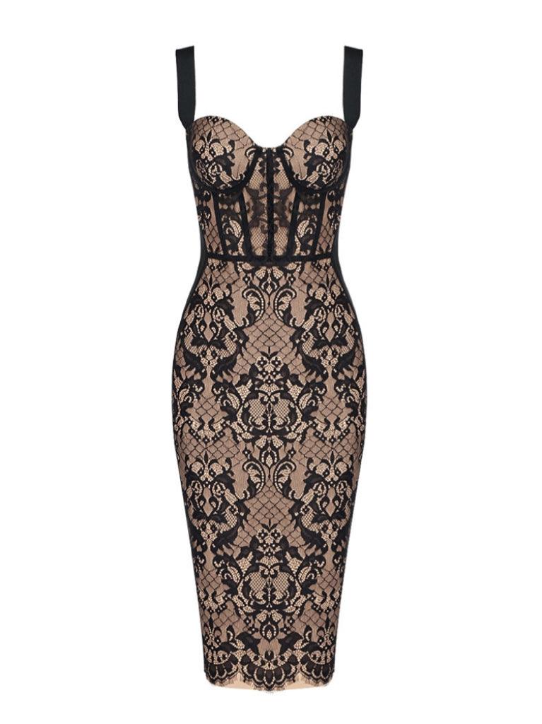 Dress in Lace — Sweetheart Corset Bodycon Midi with Wide Straps for Evening