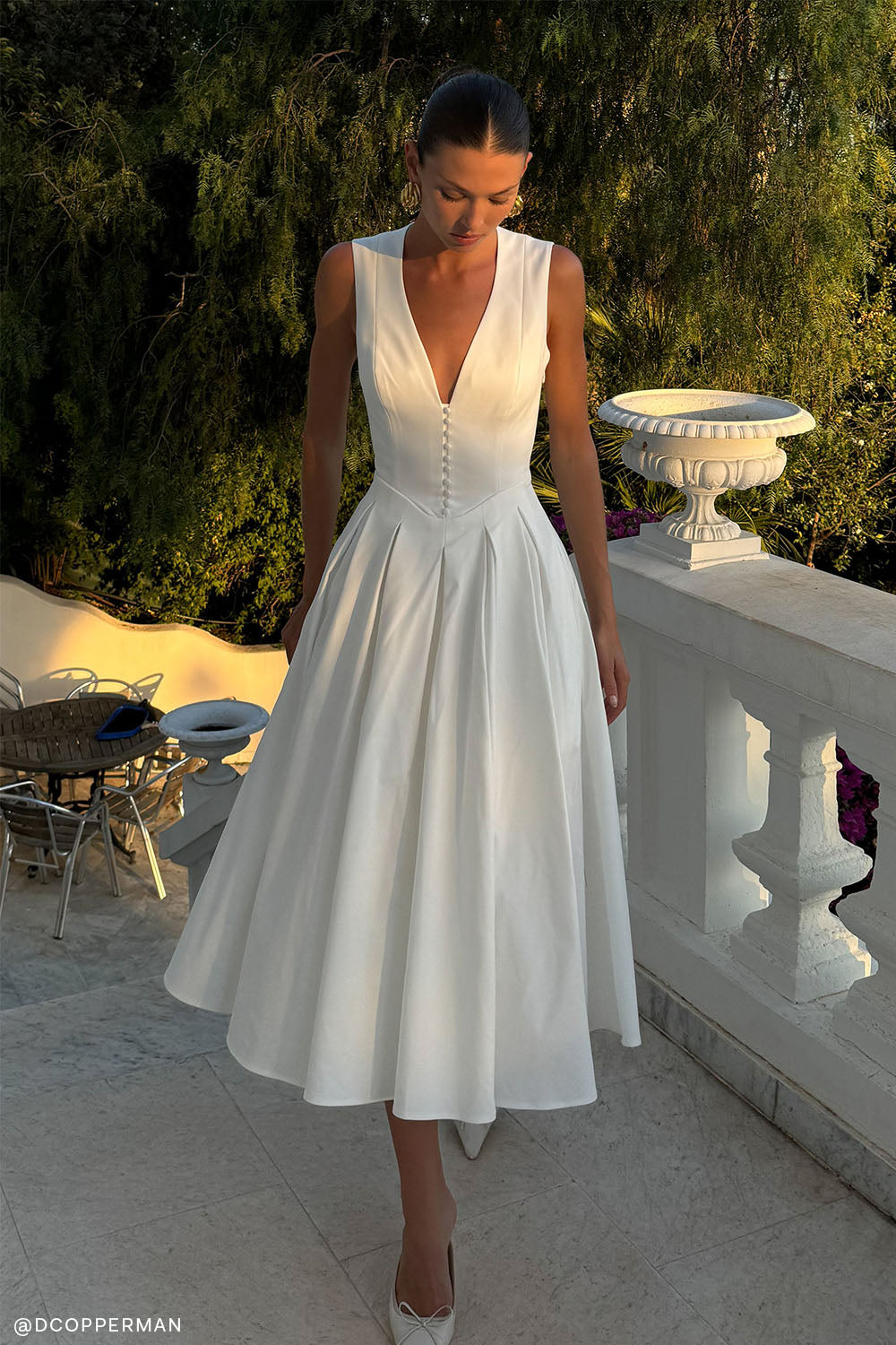 Dress in Satin — Sleeveless Deep V Neck A-Line Midi with Button Detail for Wedding Guest