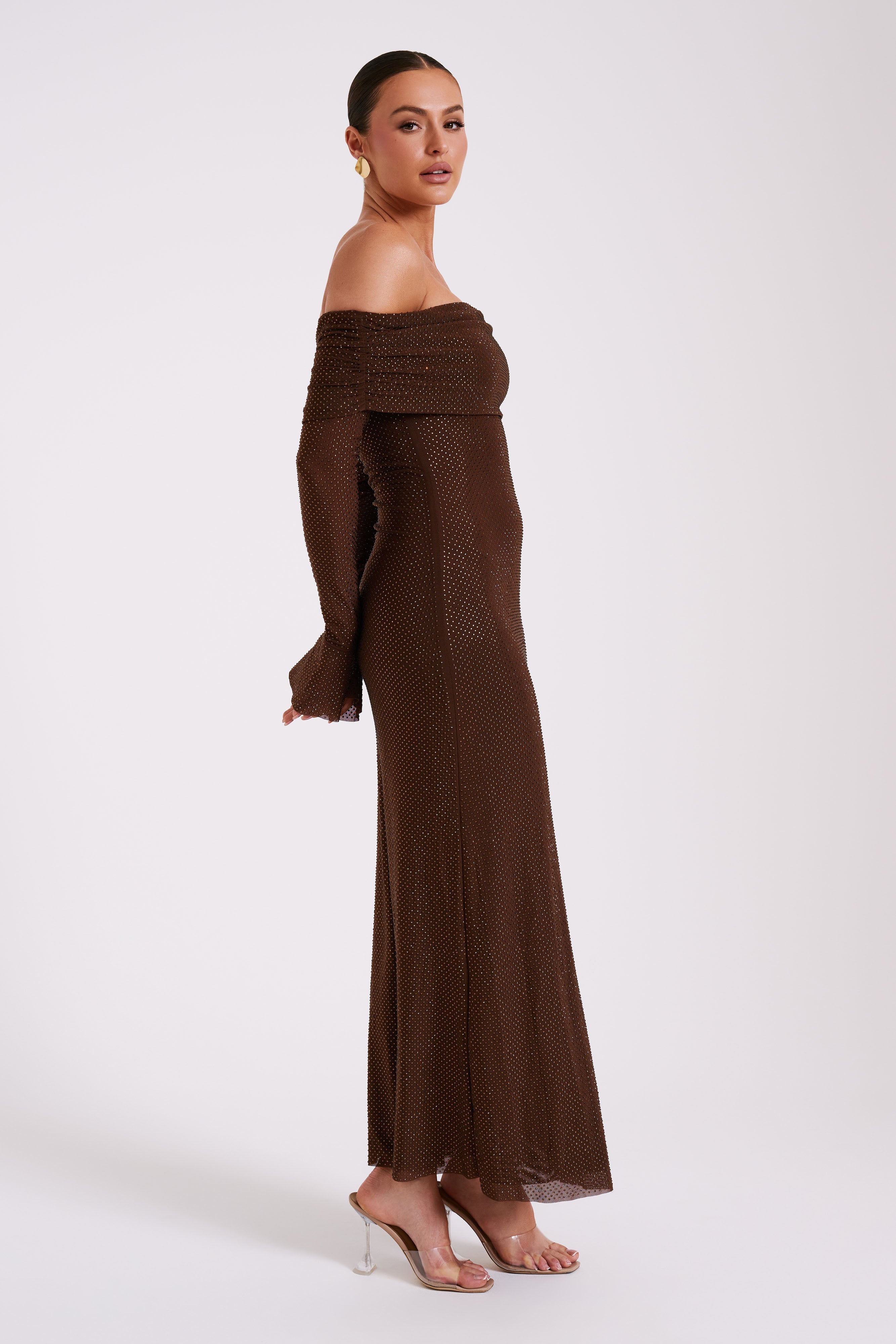 Dress in Sequin — Off Shoulder Long Sleeve Bodycon Maxi with Bell Cuffs for Evening