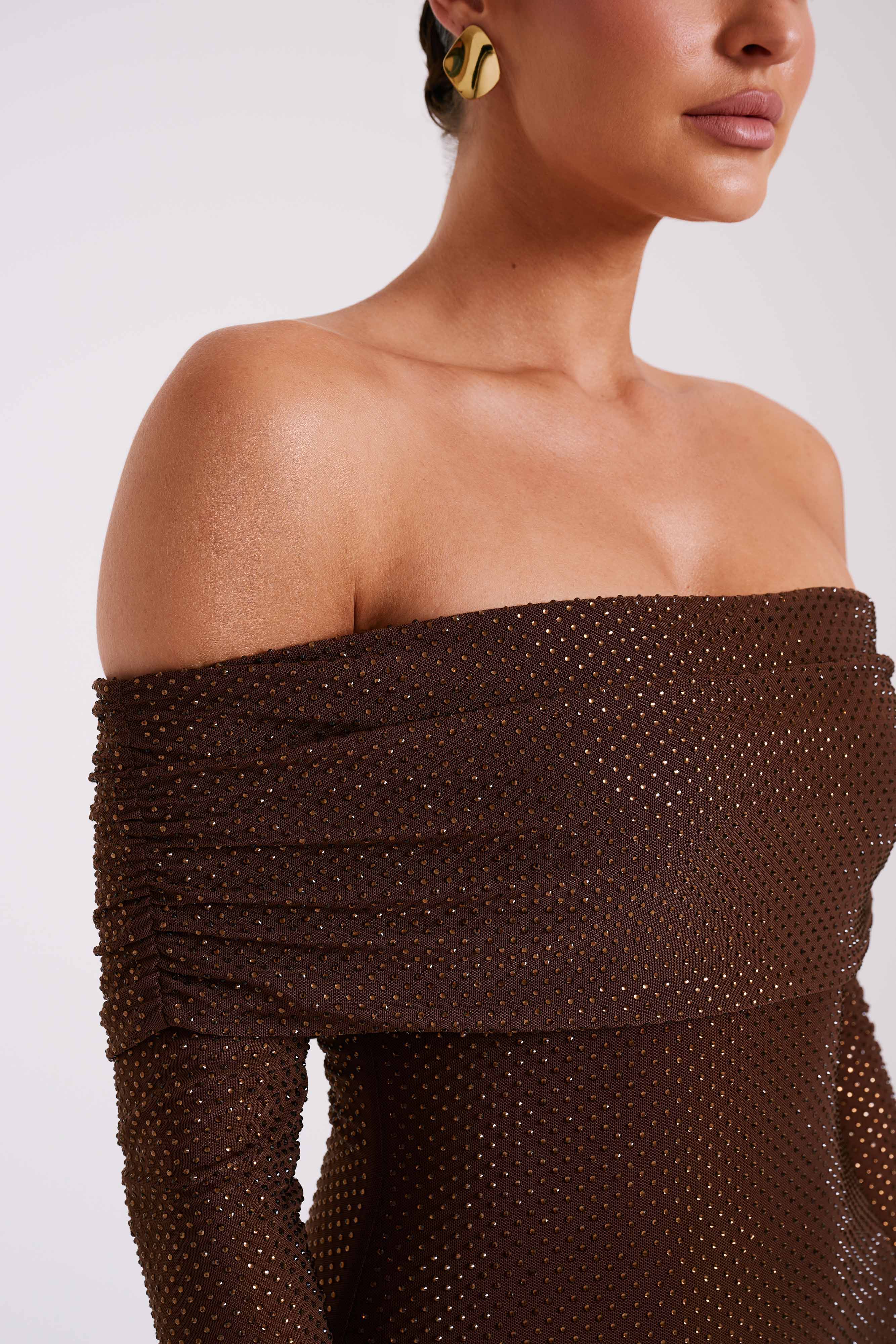 Dress in Sequin — Off Shoulder Long Sleeve Bodycon Maxi with Bell Cuffs for Evening
