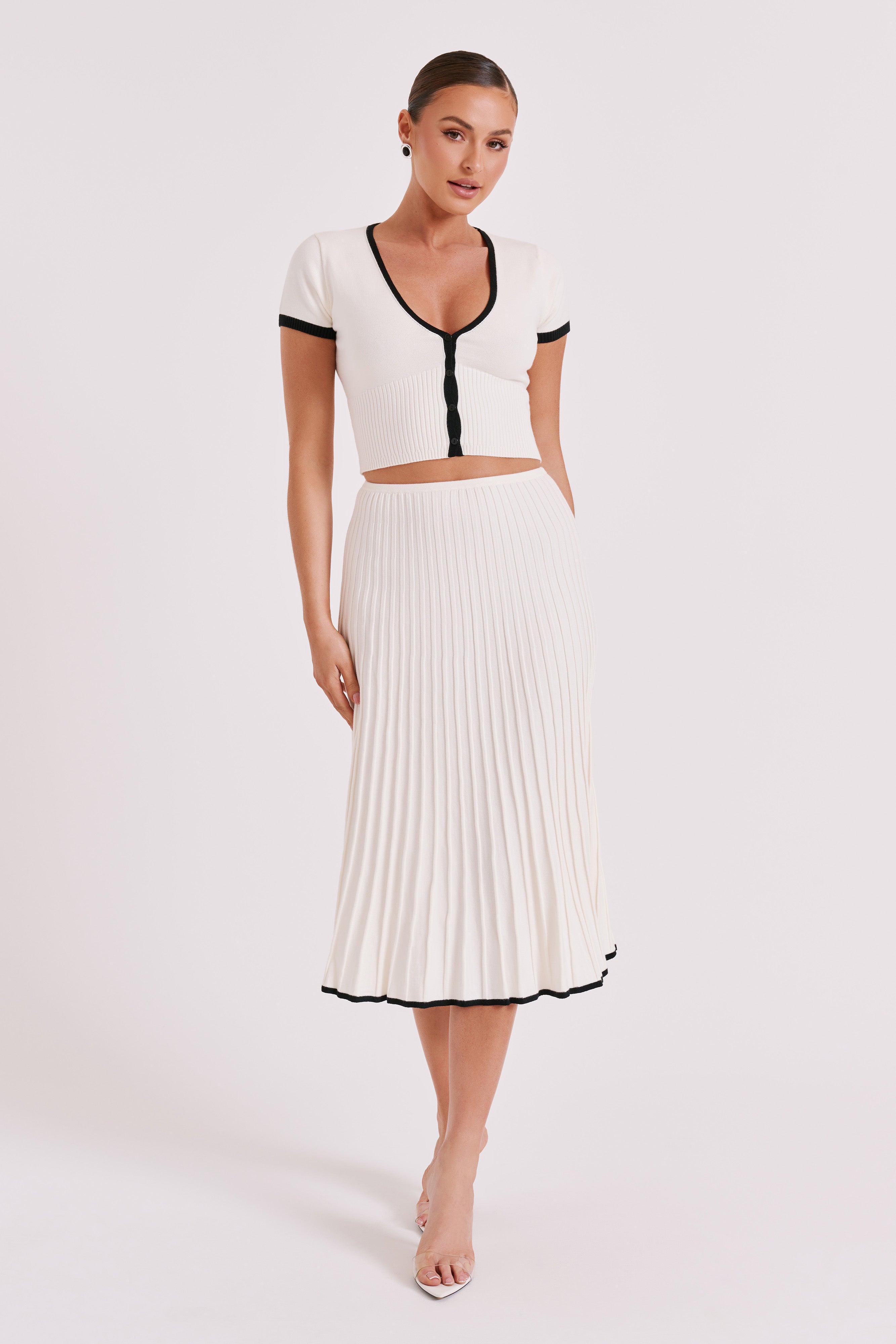 Ribbed Viscose Set — Deep V Neck Button Front Crop Top with Pleated Midi Skirt and Contrast Trim