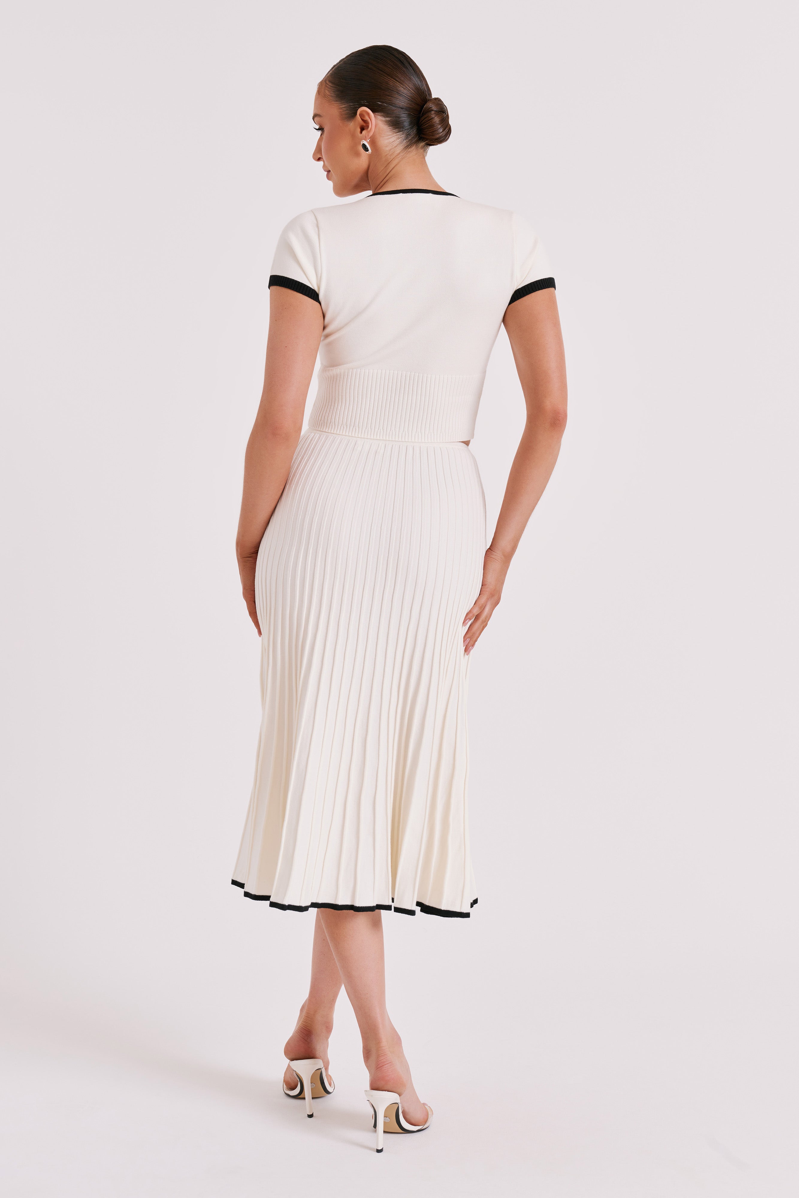 Ribbed Viscose Set — Deep V Neck Button Front Crop Top with Pleated Midi Skirt and Contrast Trim