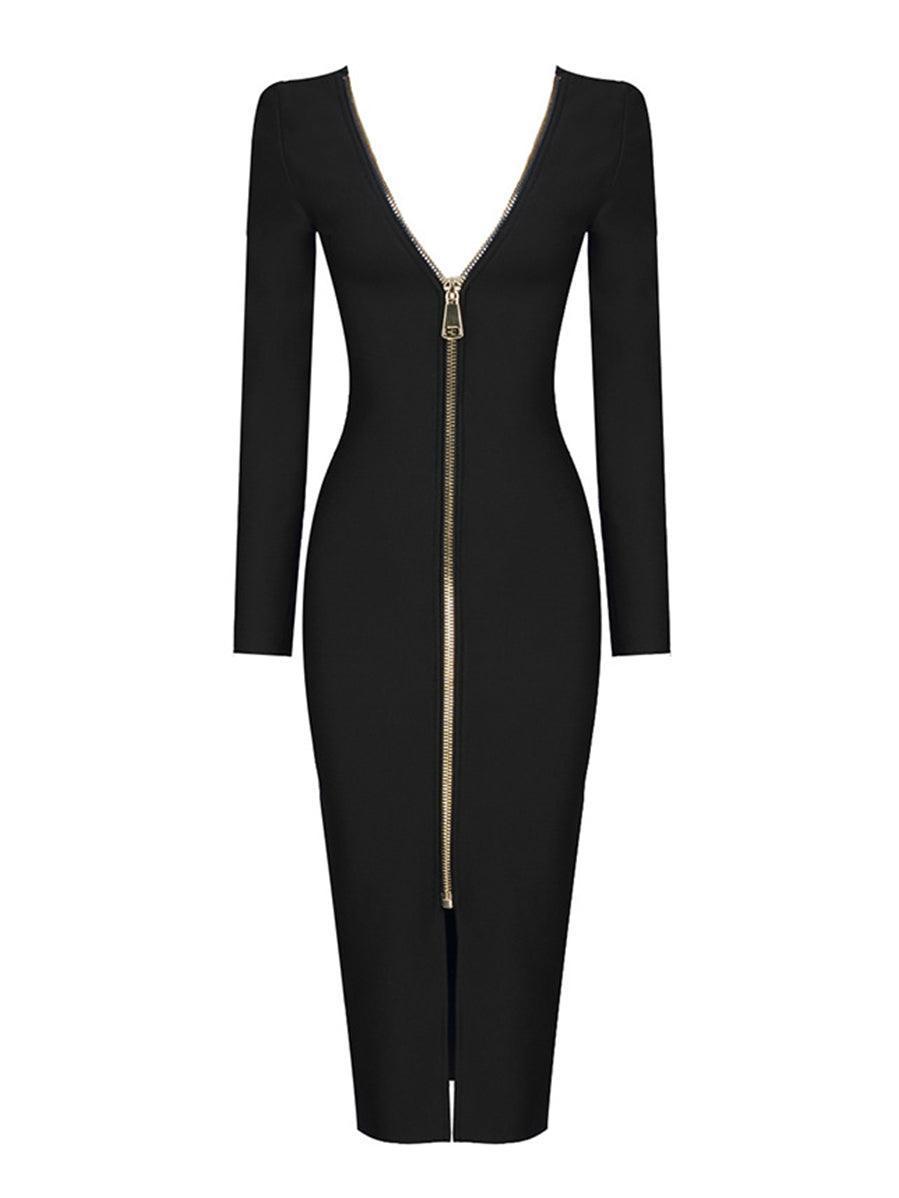 Dress in Bandage — Long Sleeve Round Neck Open Back Bodycon Midi with Zipper Detail