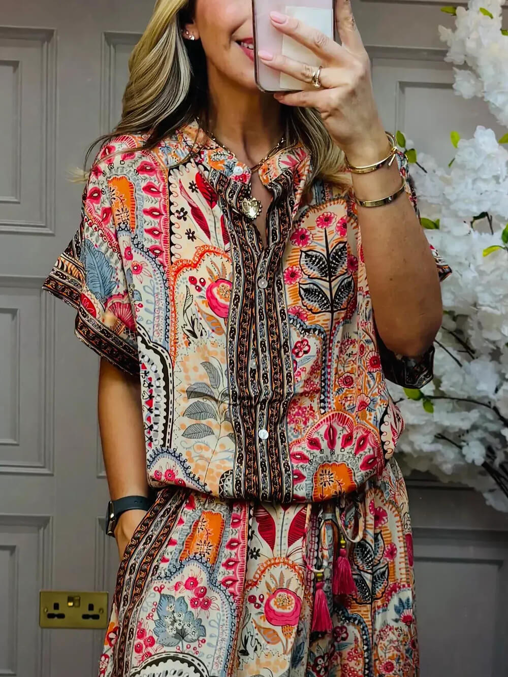 Blouse in Viscose — Short Sleeve Boho Paisley Print with Button Front Collar Neck