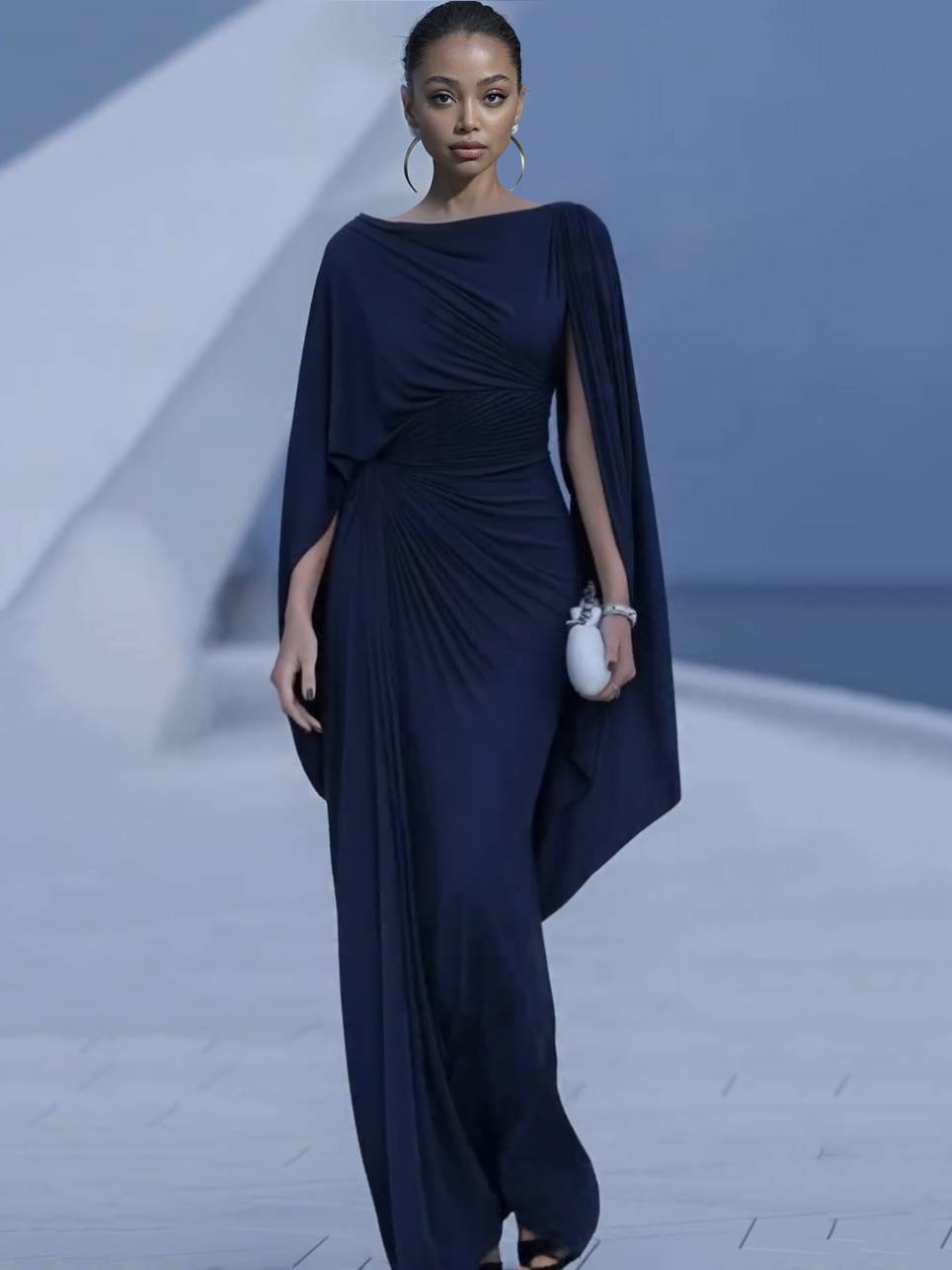 Dress in Chiffon — Cape Sleeve Maxi with Boat Neck and Ruched Waist for Formal Events