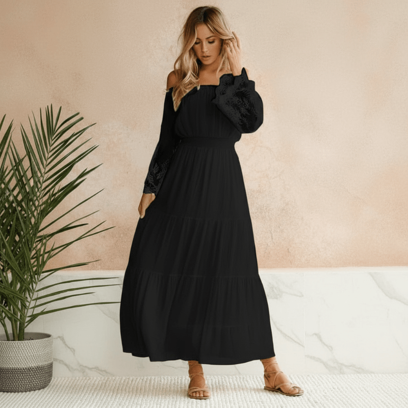 Dress in Cotton — Off the Shoulder Boho Maxi with Lace Sleeves and Tiered Skirt