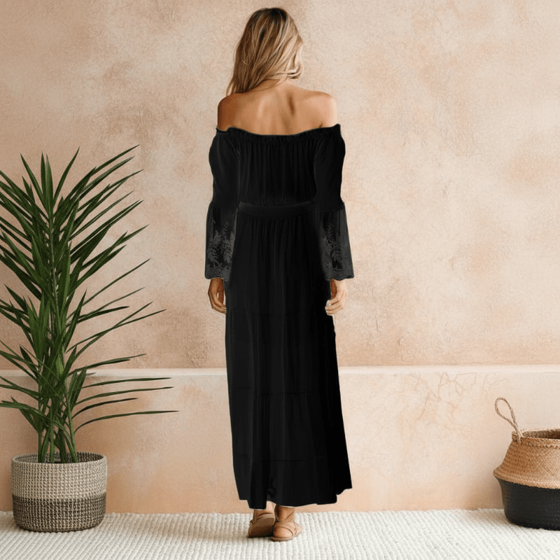 Dress in Cotton — Off the Shoulder Boho Maxi with Lace Sleeves and Tiered Skirt