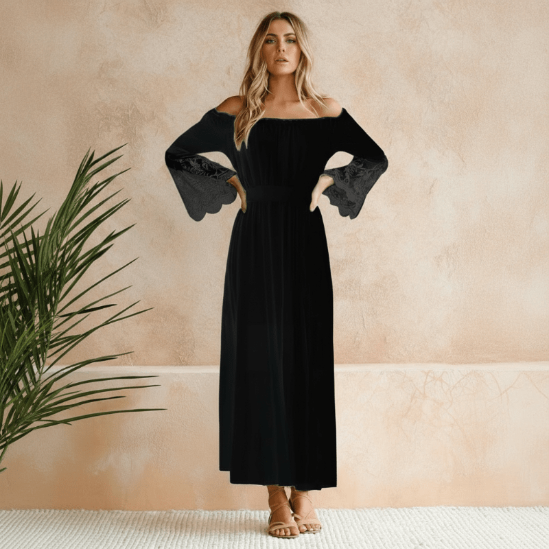 Dress in Cotton — Off the Shoulder Boho Maxi with Lace Sleeves and Tiered Skirt