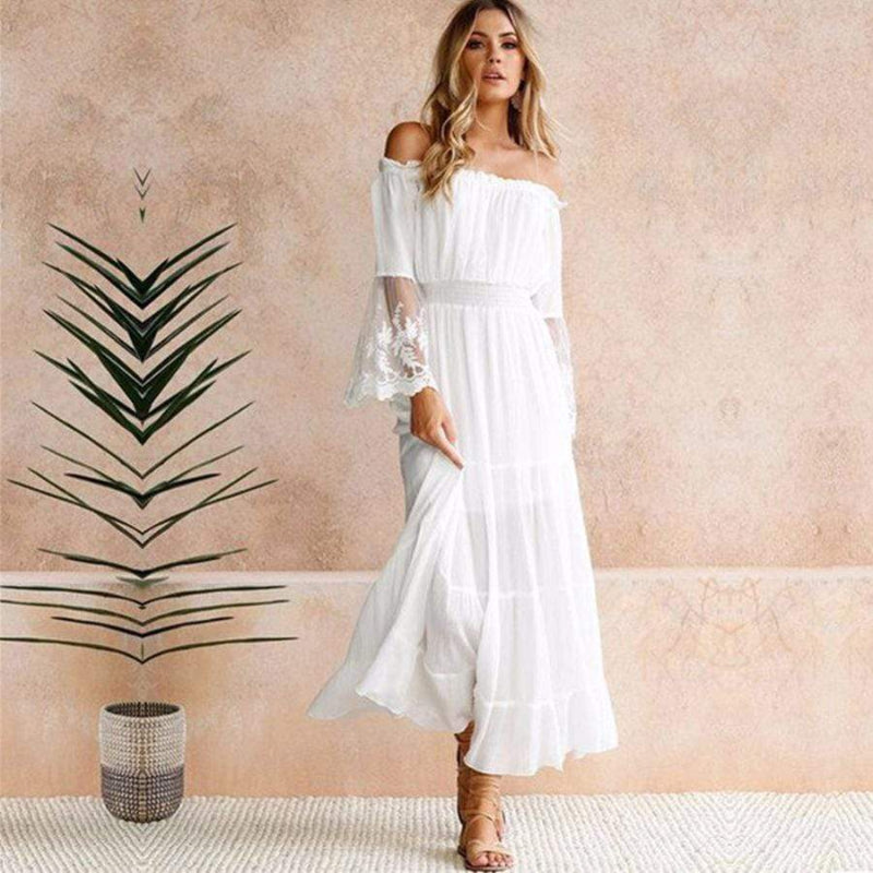 Dress in Cotton — Off the Shoulder Boho Maxi with Lace Sleeves and Tiered Skirt