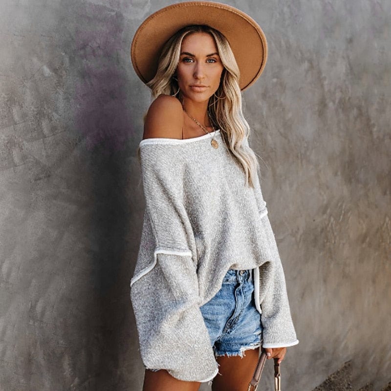 Sweater in Knit — Oversized Off Shoulder with Contrast Trim and Long Sleeves for Women