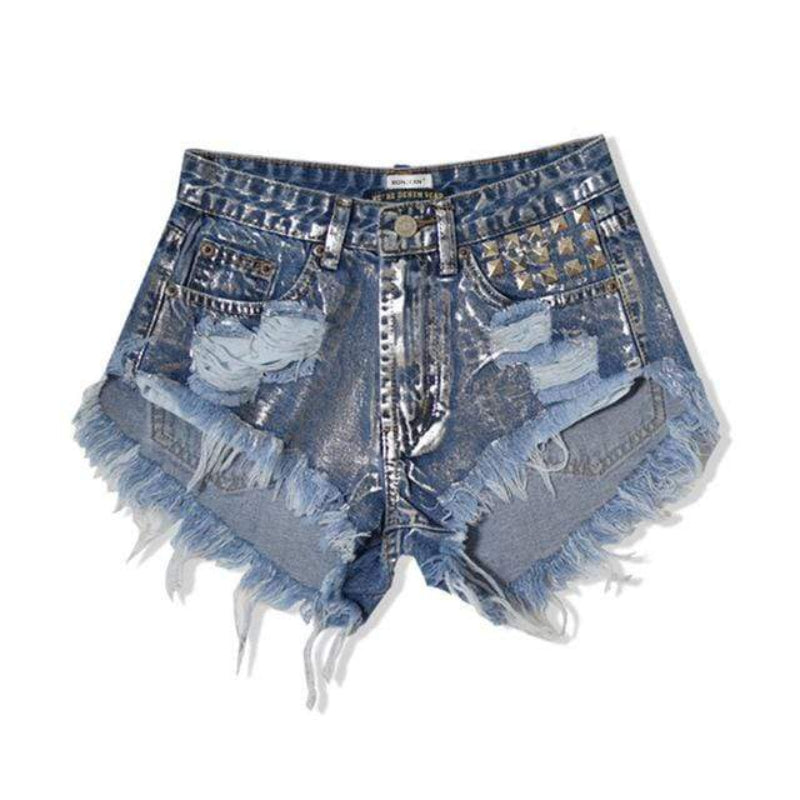 Shorts in Denim — Distressed Cutoff with Stud Detail and Frayed Hem for Women