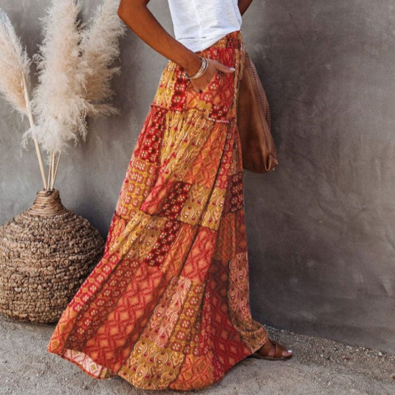 Skirt in Cotton — Boho Floral Patchwork Tiered Maxi with Elastic Waist