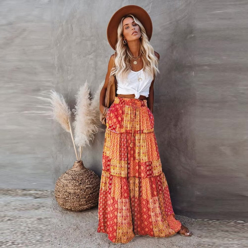 Skirt in Cotton — Boho Floral Patchwork Tiered Maxi with Elastic Waist