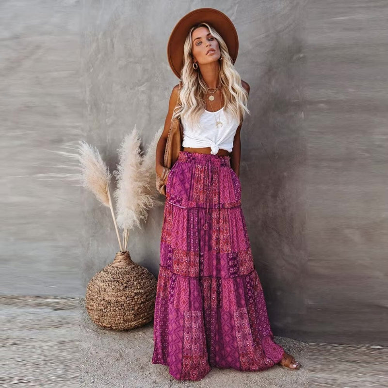 Skirt in Cotton — Boho Floral Patchwork Tiered Maxi with Elastic Waist