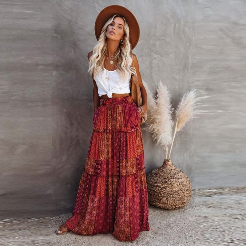 Skirt in Cotton — Boho Floral Patchwork Tiered Maxi with Elastic Waist