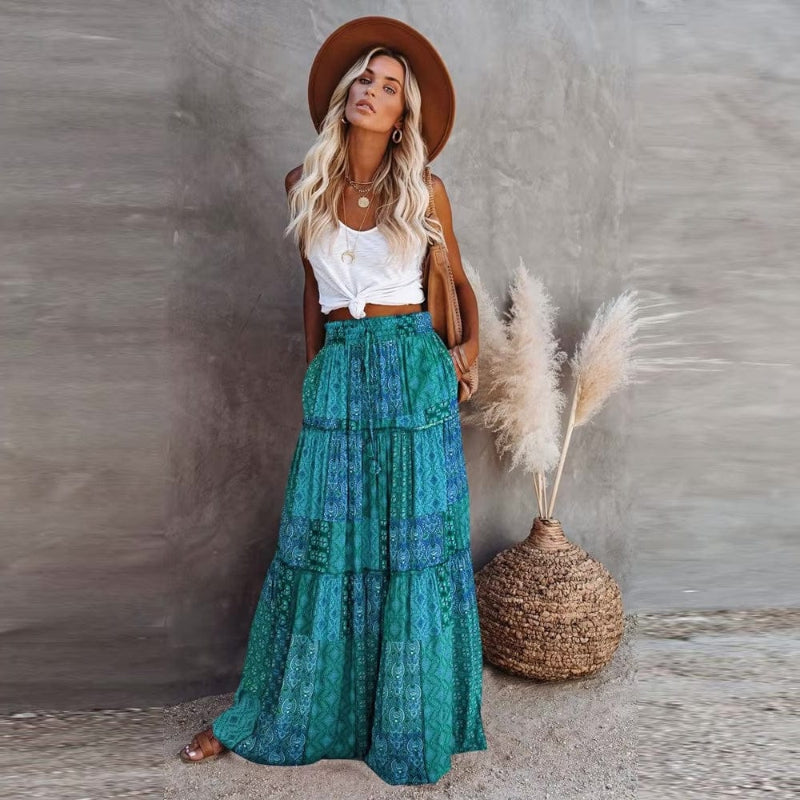 Skirt in Cotton — Boho Floral Patchwork Tiered Maxi with Elastic Waist